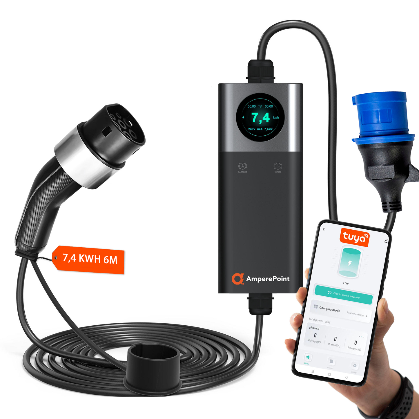 Cargador portátil Q74 (32A, Tipo 2, 7.4kW) aplicación móvil