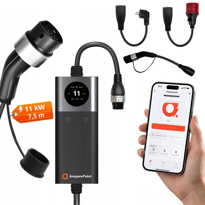 Cargador portátil Q11 PRO (16A, Tipo 2, 11kW) + 3x Adaptadores