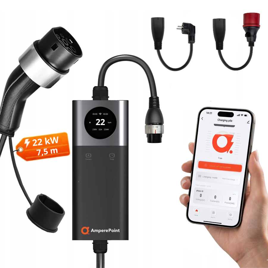 Cargador portátil Q22 PRO (32A, Tipo 2, 22kW) + 2x Adaptadores